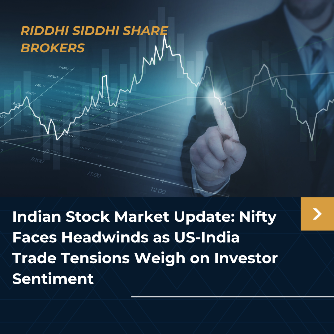 Businessman analyzing stock market graph with text overlay: “Indian Stock Market Update - Nifty Faces Headwinds as US-India Trade Tensions Weigh on Investor Sentiment.