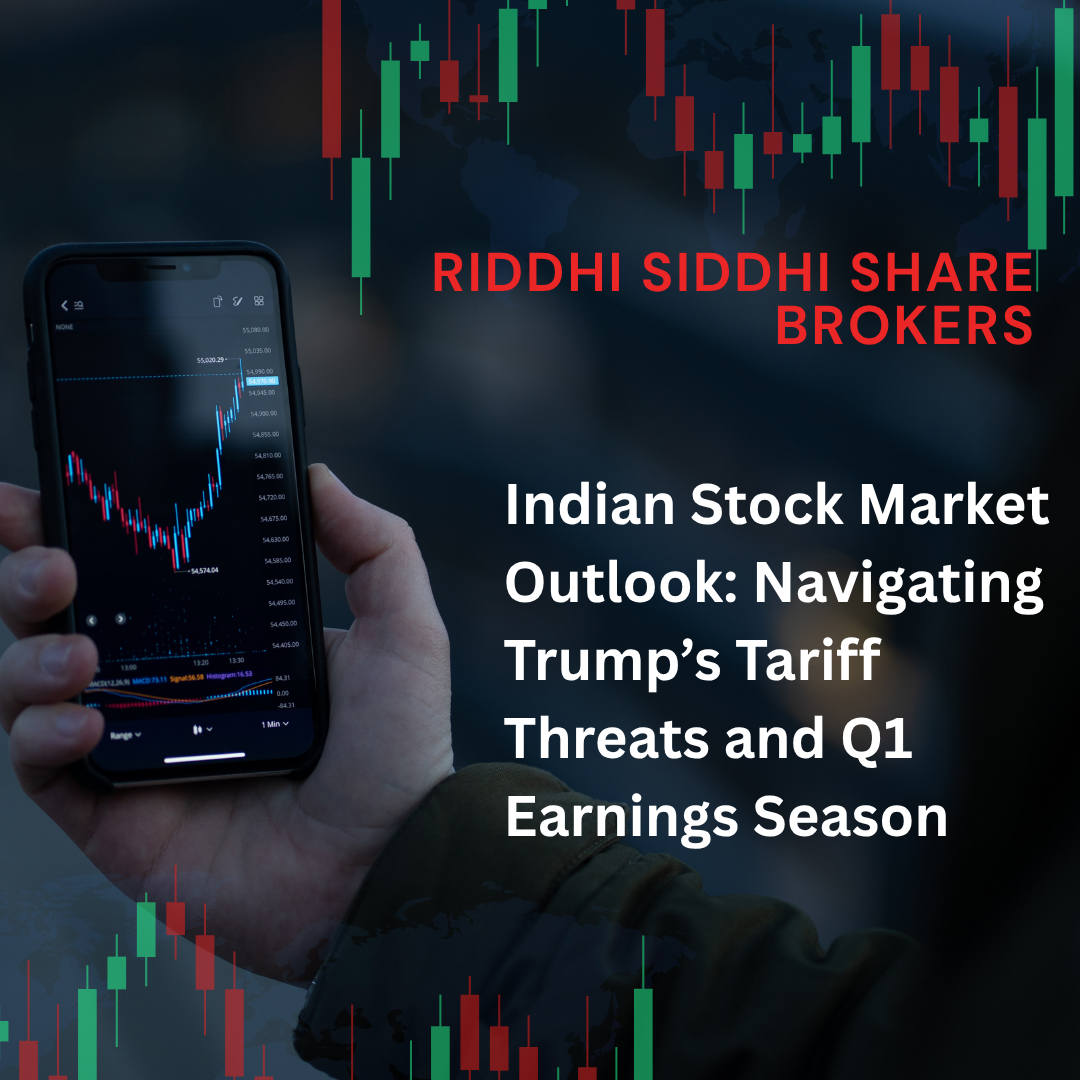 A hand holding a smartphone displaying a stock chart, with digital candlestick charts in the background and the text: “Indian Stock Market Outlook: Navigating Trump’s Tariff Threats and Q1 Earnings Season.