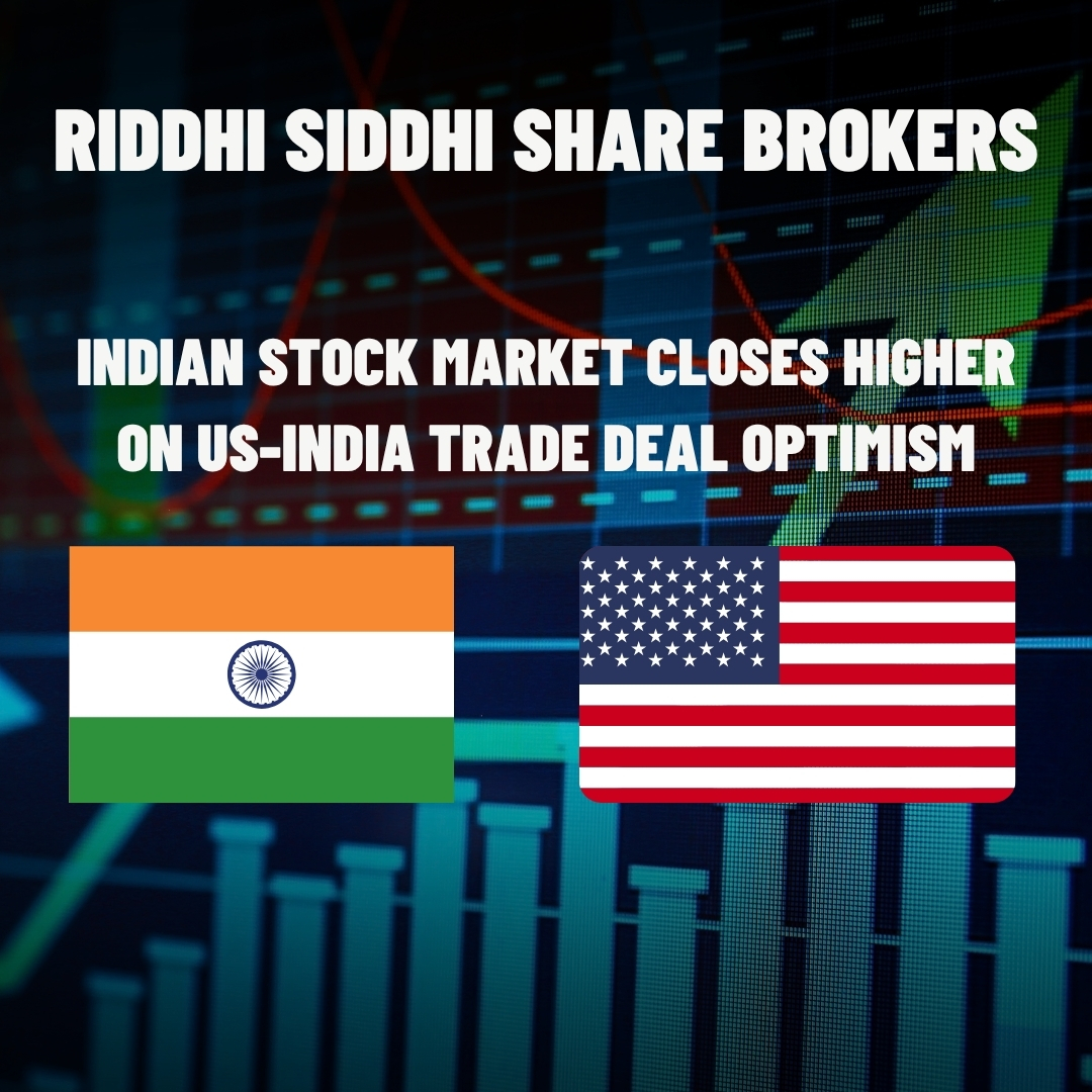 Indian and US flags with stock market charts in the background, indicating optimism due to a US-India trade deal and market gains.