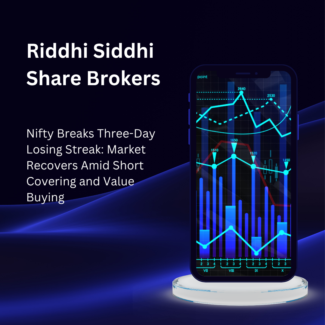 A smartphone displaying colorful financial market graphs with rising and falling stock lines, placed on a neon-lit platform, alongside text about Nifty’s market recovery, branded with "Riddhi Siddhi Share Brokers.