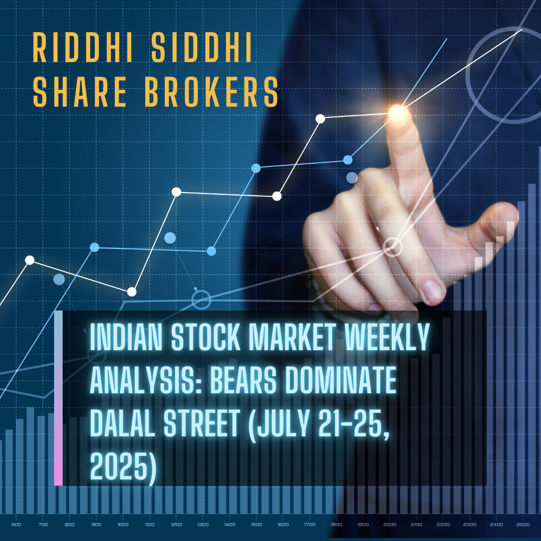 A financial market analysis graphic showing a hand pointing to a rising stock chart with data points and bars, featuring the text "Indian Stock Market Weekly Analysis: Bears Dominate Dalal Street (July 21-25, 2025)" and the logo of Riddhi Siddhi Share Brokers.