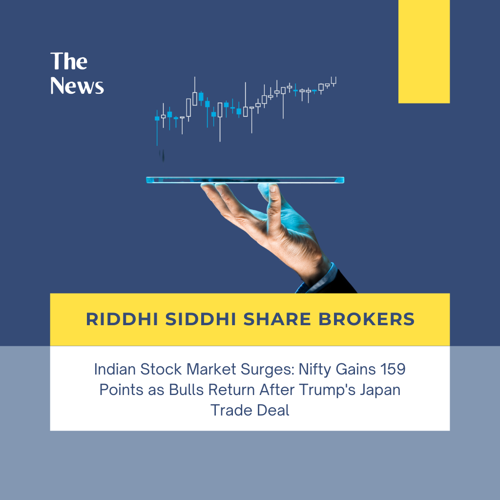 Hand holding a digital tablet with a stock market candlestick chart above it, indicating market growth; branding includes "Riddhi Siddhi Share Brokers.