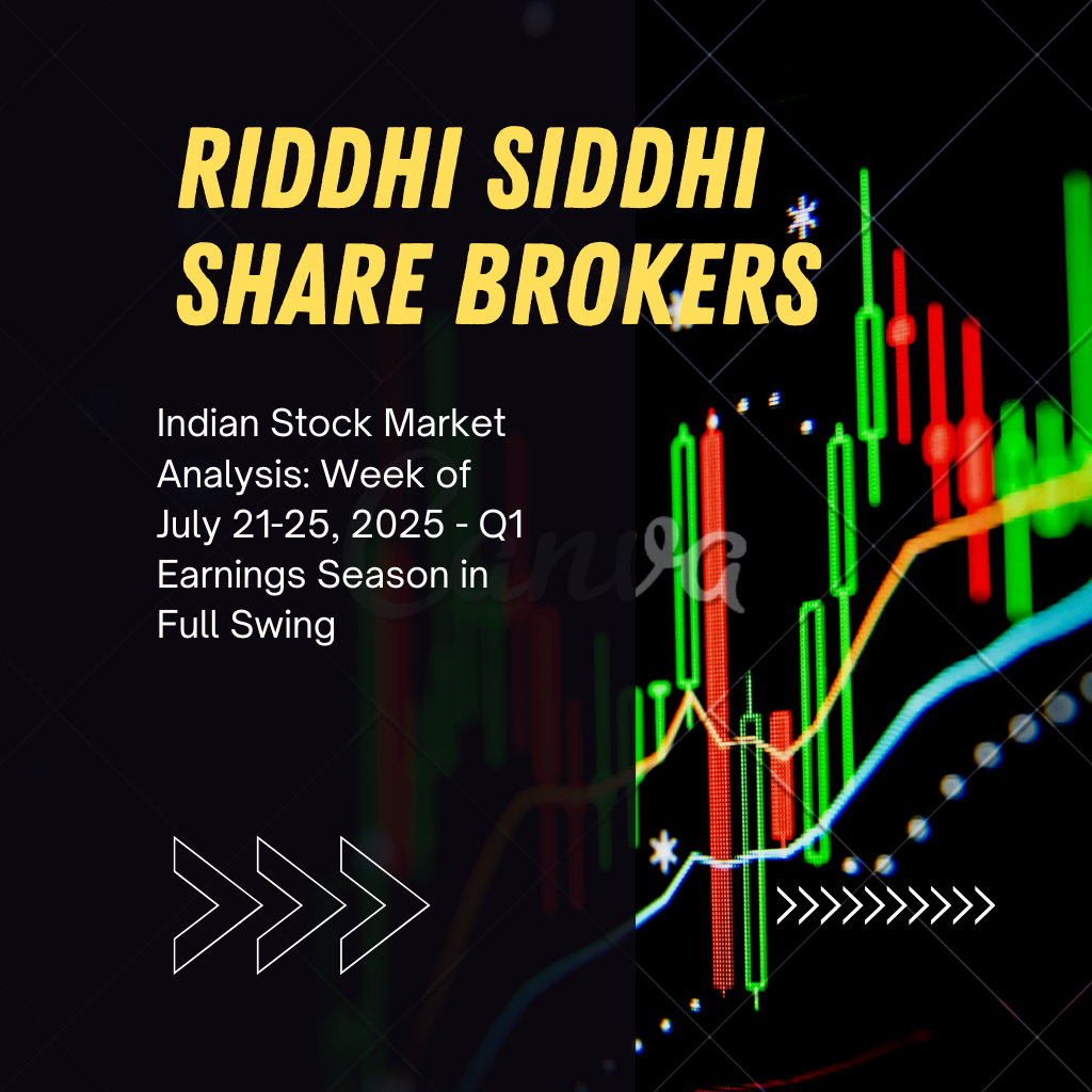 Stock market candlestick chart with rising trends and analytics graphics representing Indian stock market Q1 earnings analysis for the week of July 21–25, 2025, by Riddhi Siddhi Share Brokers.