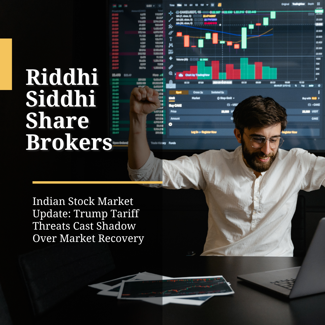 Stock market analyst celebrating with charts and trading graphs on screen; text overlay mentions Riddhi Siddhi Share Brokers and Indian stock market update.