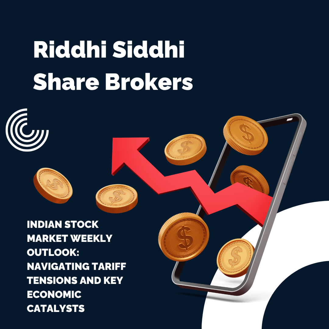 3D coins and upward arrow emerging from a smartphone, representing Indian stock market growth, with text highlighting Riddhi Siddhi Share Brokers’ weekly market outlook.
