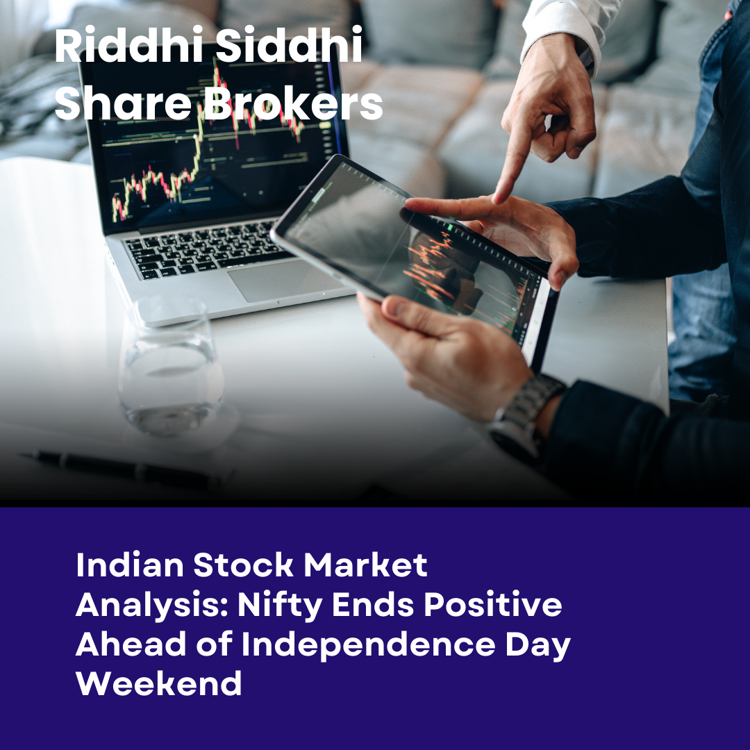 Two professionals analyzing stock charts on a tablet and laptop – Riddhi Siddhi Share Brokers market update on Nifty’s positive close ahead of Independence Day weekend.