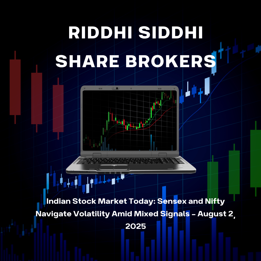 Stock market candlestick chart on laptop screen with Sensex and Nifty trend indicators – Riddhi Siddhi Share Brokers