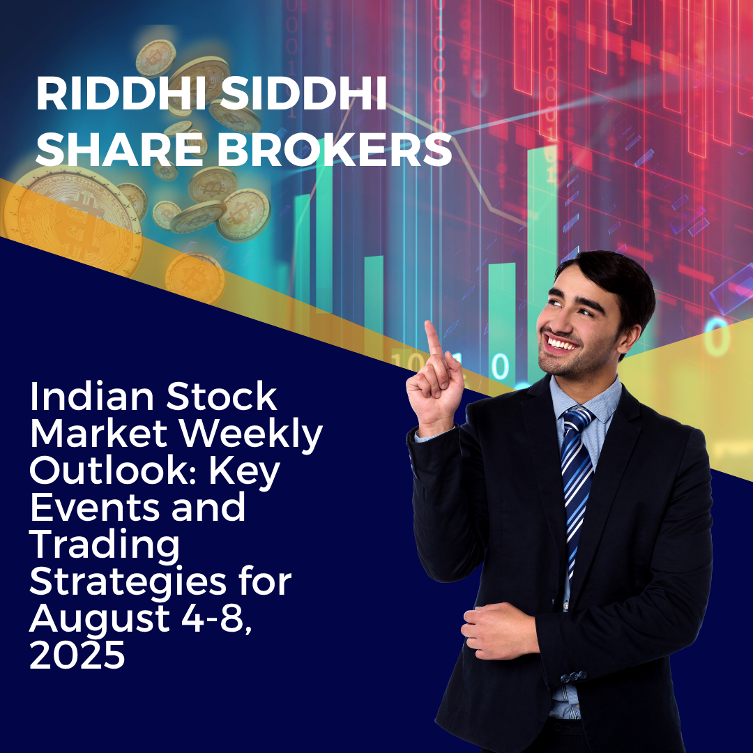 Smiling businessman pointing upward with financial graphs and bitcoins in the background, representing Indian stock market weekly outlook for August 4–8, 2025.