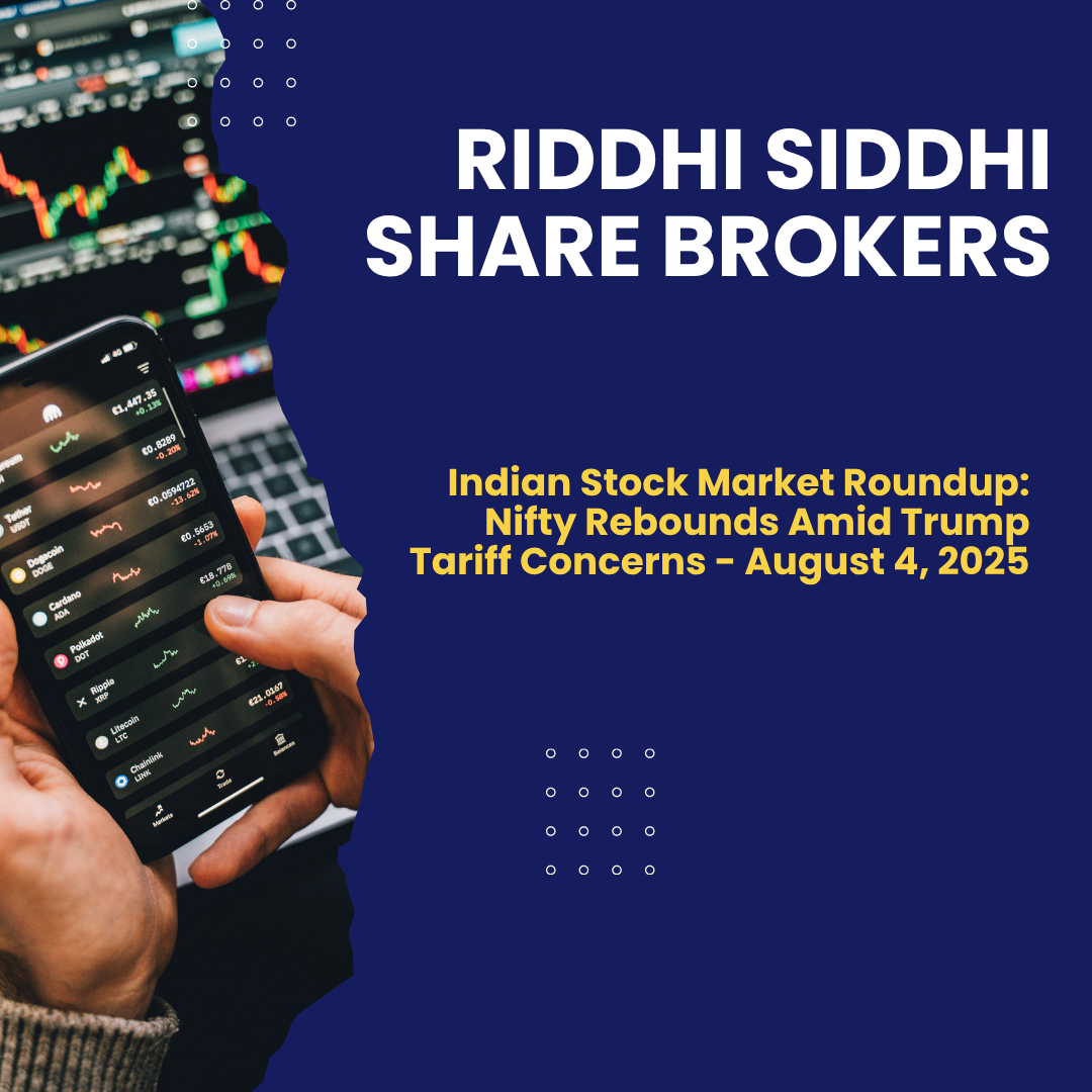 Person analyzing stock market trends on a smartphone with graphs in the background, representing Indian stock market activity – Riddhi Siddhi Share Brokers.