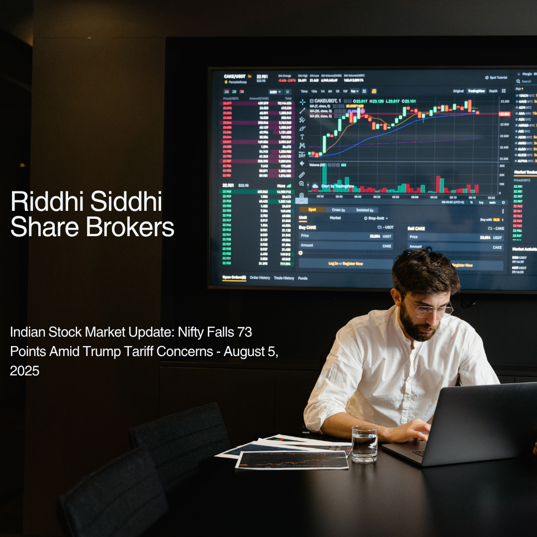 A stock market analyst working on a laptop with trading charts displayed on a large screen, representing Riddhi Siddhi Share Brokers' real-time market analysis.