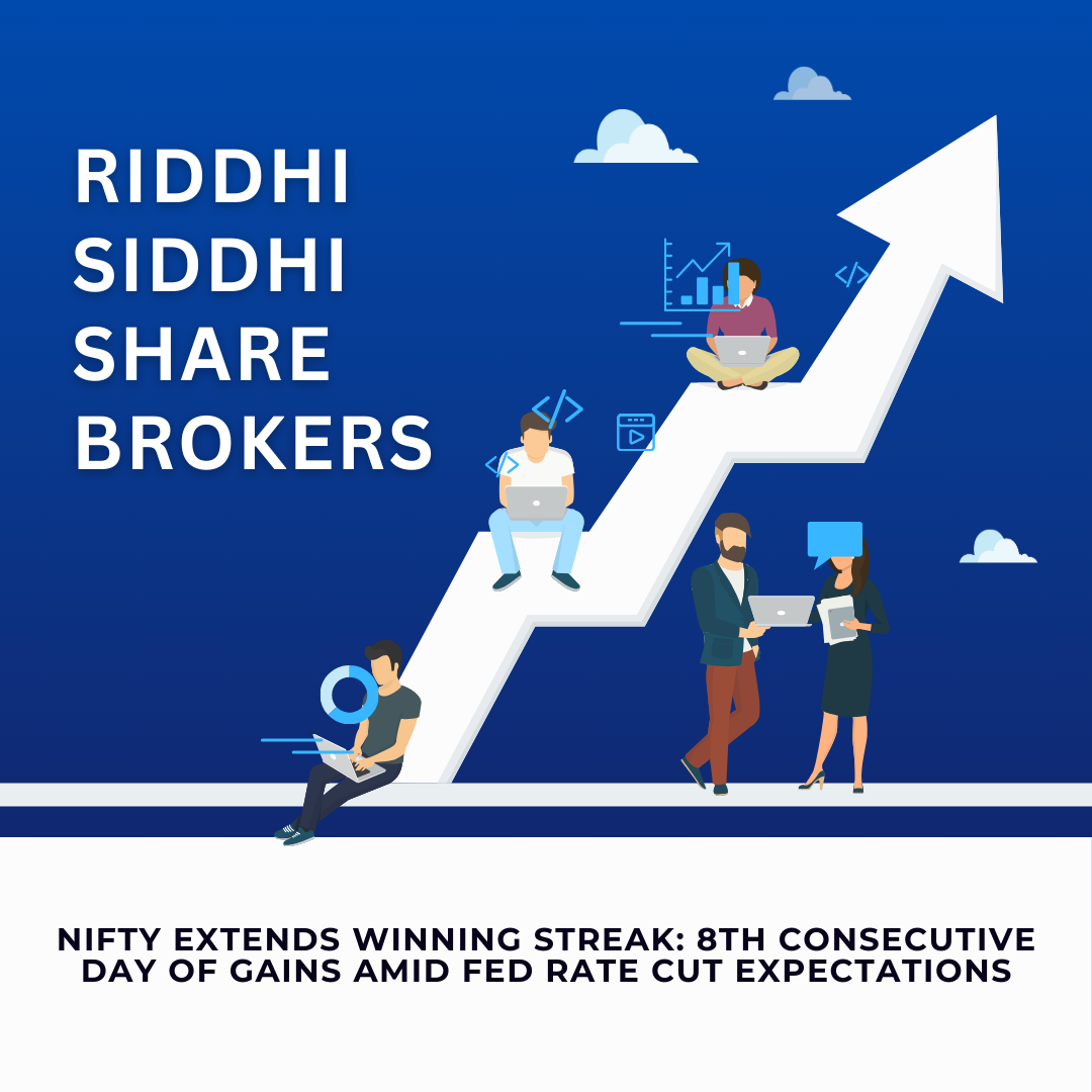 Illustration of professionals working on laptops and discussing strategies with an upward trending arrow, representing growth in stock market investments. Text: "Riddhi Siddhi Share Brokers – Nifty extends winning streak: 8th consecutive day of gains amid Fed rate cut expectations.