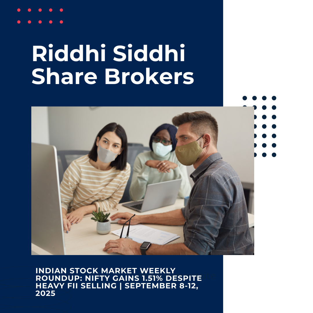 A team of professionals wearing face masks working together in an office, analyzing stock market data on a computer screen at Riddhi Siddhi Share Brokers.