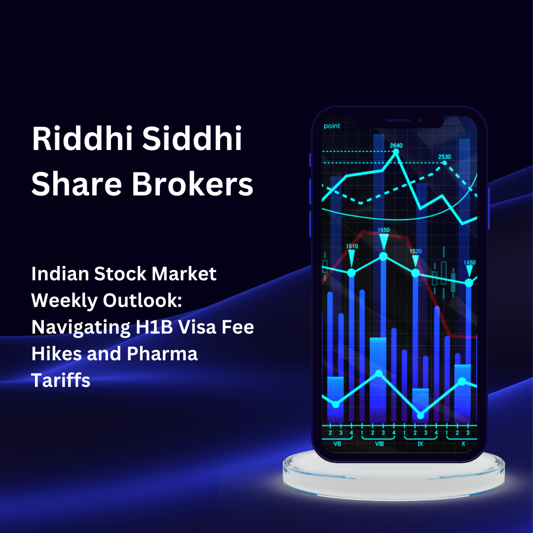 A smartphone screen displaying financial charts and stock market graphs, representing Riddhi Siddhi Share Brokers’ weekly outlook on the Indian stock market focusing on H1B visa fee hikes and pharma tariffs.