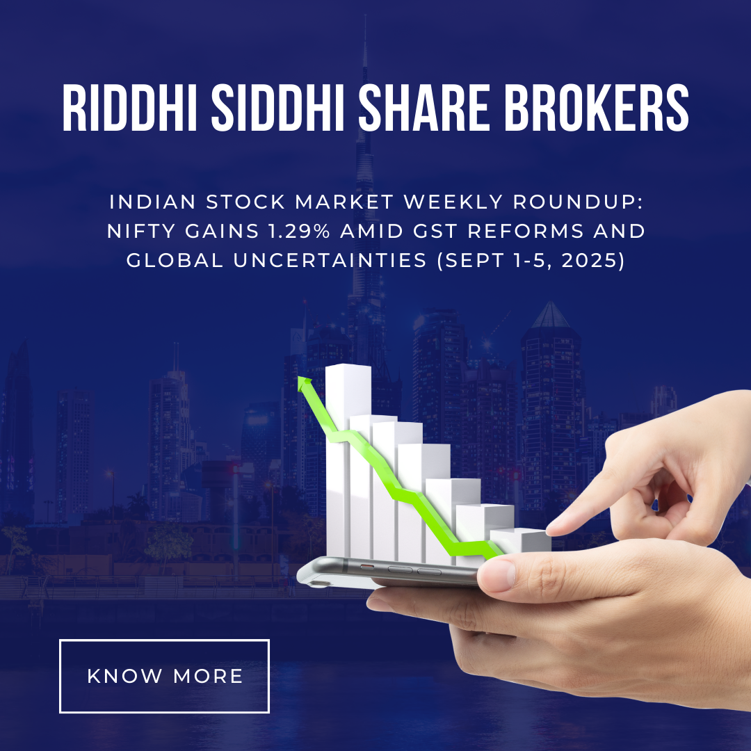 Indian stock market weekly roundup by Riddhi Siddhi Share Brokers showing Nifty gains with a smartphone and graph illustration.