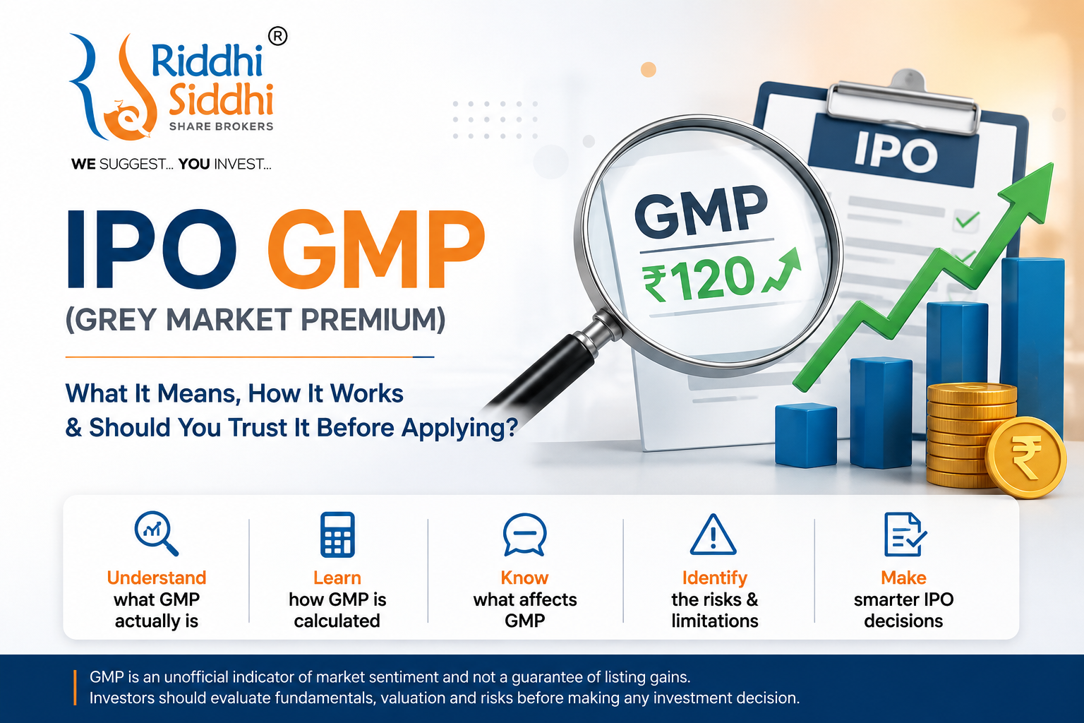 IPO Grey Market Premium (GMP) explained by Riddhi Siddhi Share Brokers – understand GMP calculation, risks and its role in IPO decisions.