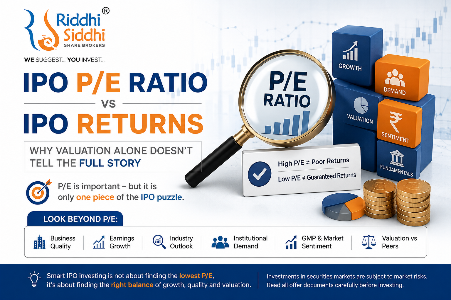 IPO P/E Ratio vs IPO Returns explained by Riddhi Siddhi Share Brokers, showing why P/E alone cannot predict IPO listing or post-listing returns.