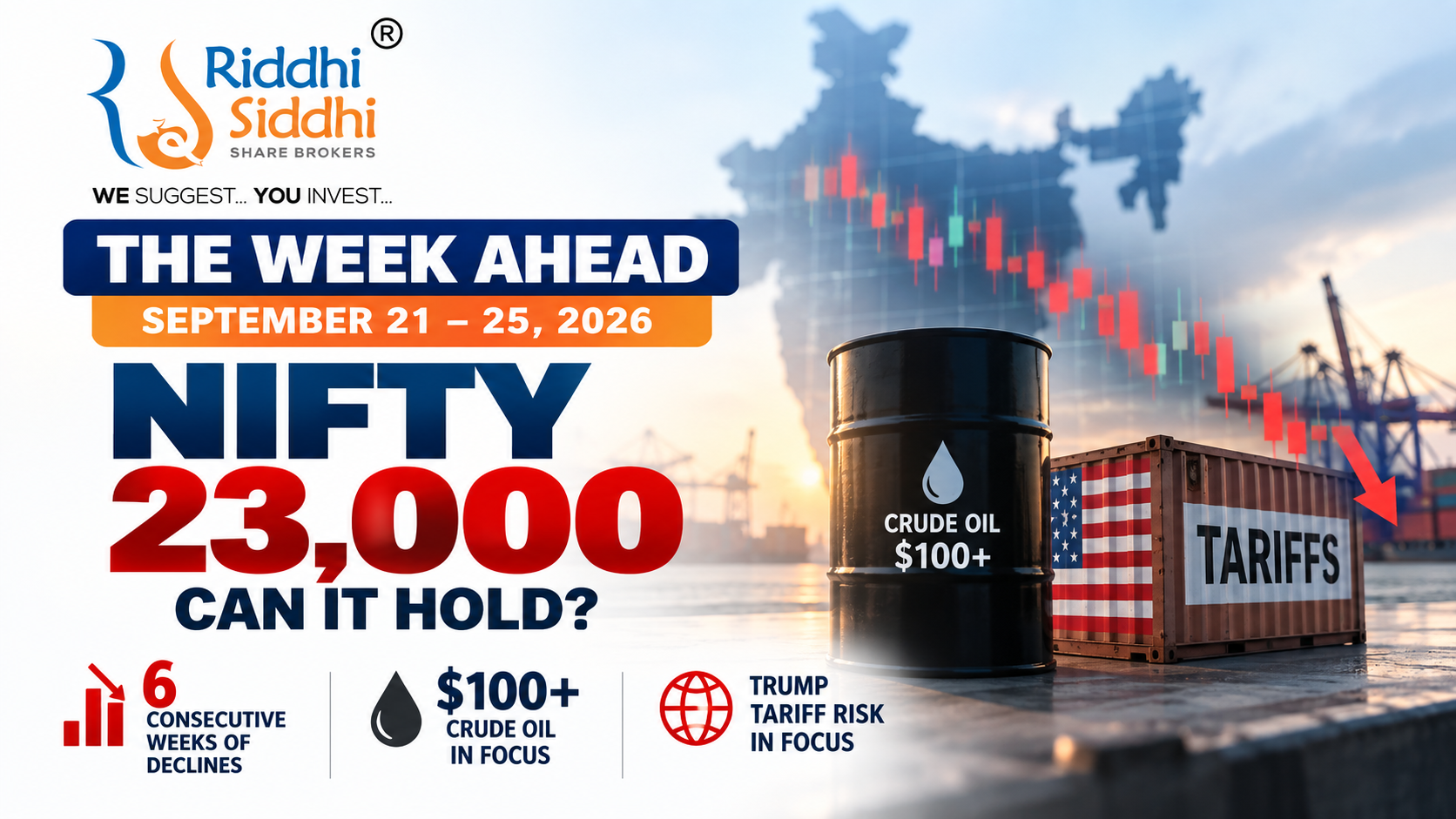 Riddhi Siddhi Share Brokers Nifty outlook for September 21-25, 2026 covering Nifty 23,000 support, crude oil above $100 and Trump tariff risk.