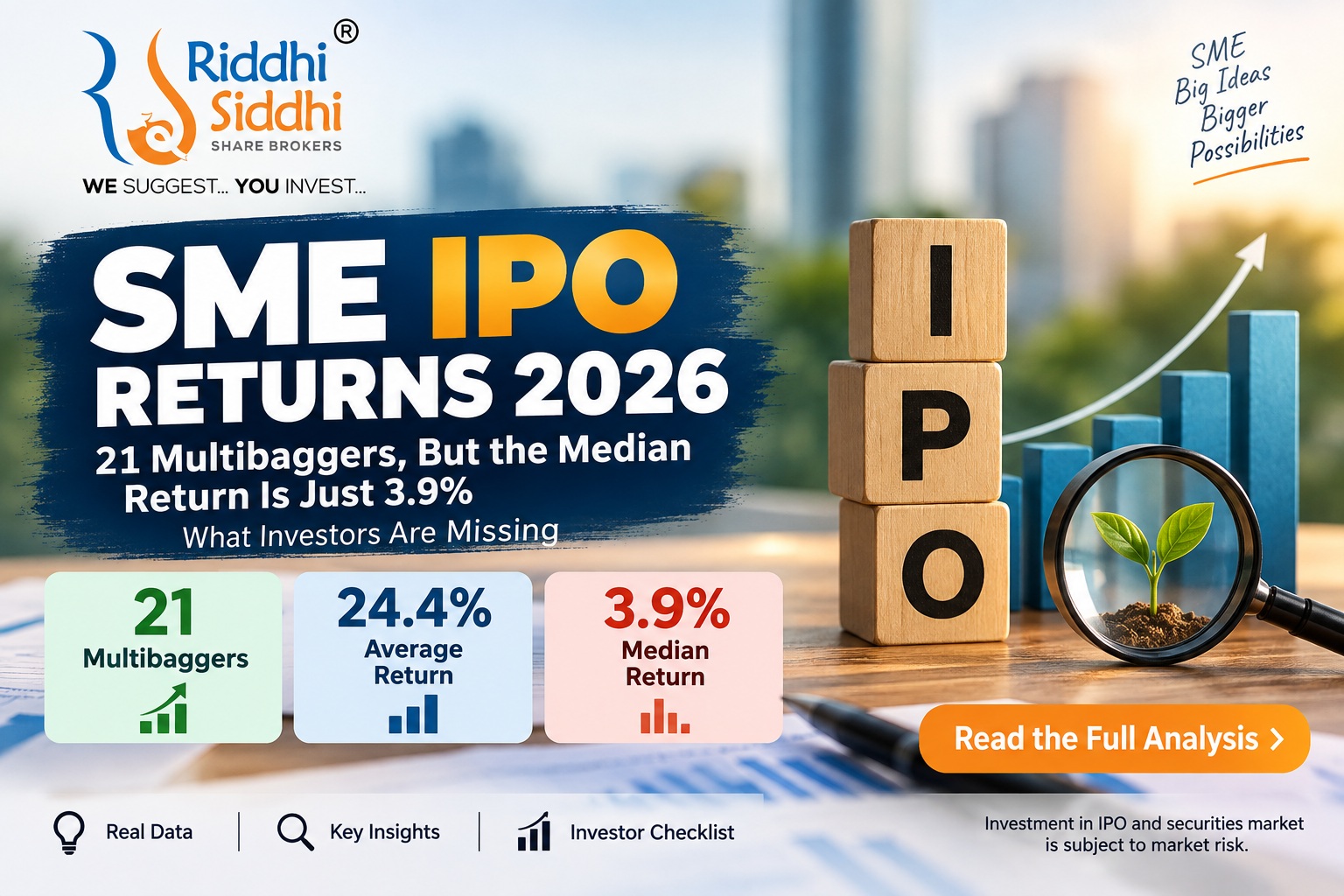 SME IPO returns 2026 showing 21 multibaggers, 24.4% average return and 3.9% median return