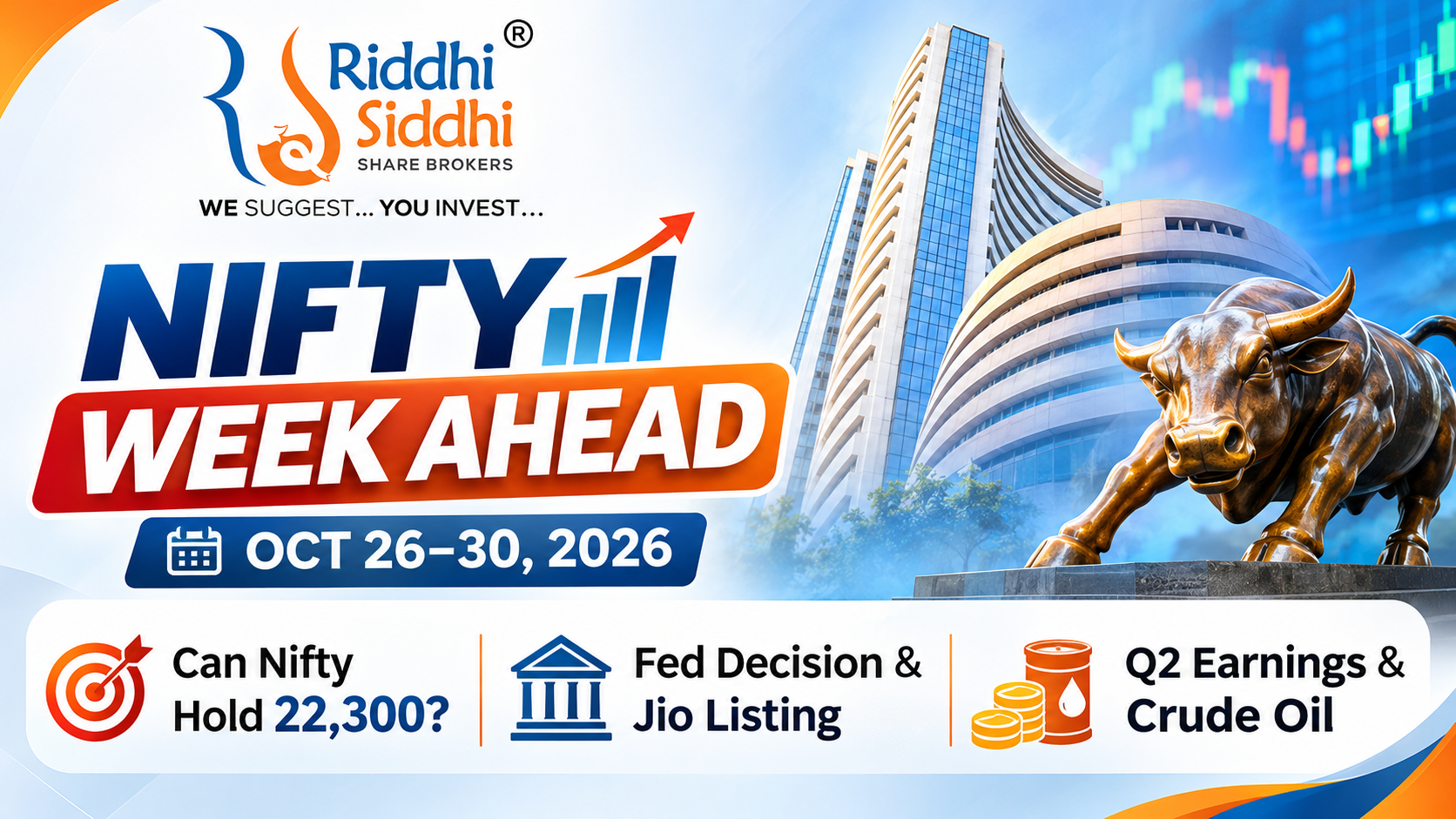 Riddhi Siddhi Share Brokers Nifty Week Ahead October 26–30, 2026 covering 22,300 support, Fed decision, Jio listing, Q2 earnings and crude oil