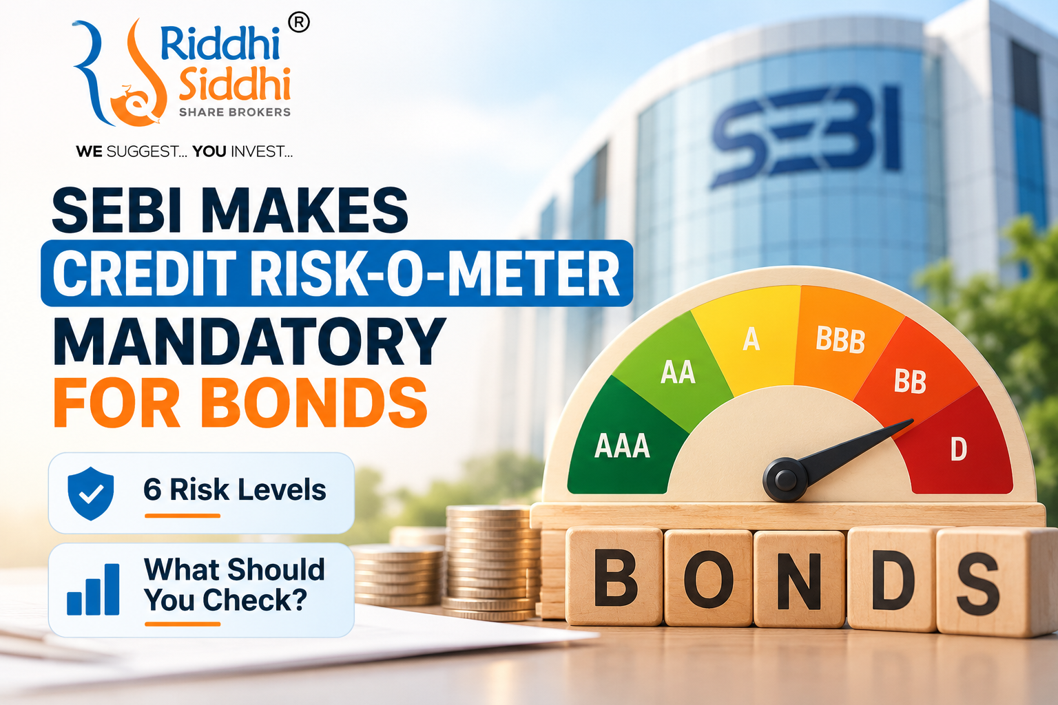 SEBI Credit Risk-o-Meter 2026 for corporate bonds showing six credit risk levels from AAA to D, by Riddhi Siddhi Share Brokers