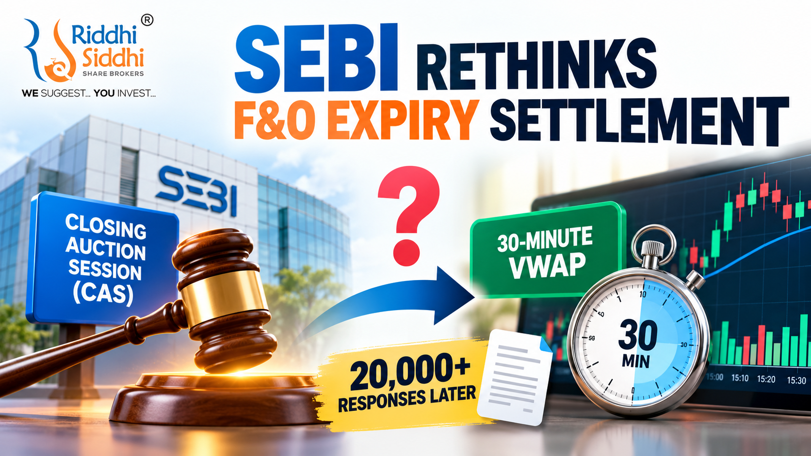 SEBI F&O expiry settlement rules 2026: Closing Auction Session (CAS) vs 30-minute VWAP after 20,000 responses, explained by Riddhi Siddhi Share Brokers.