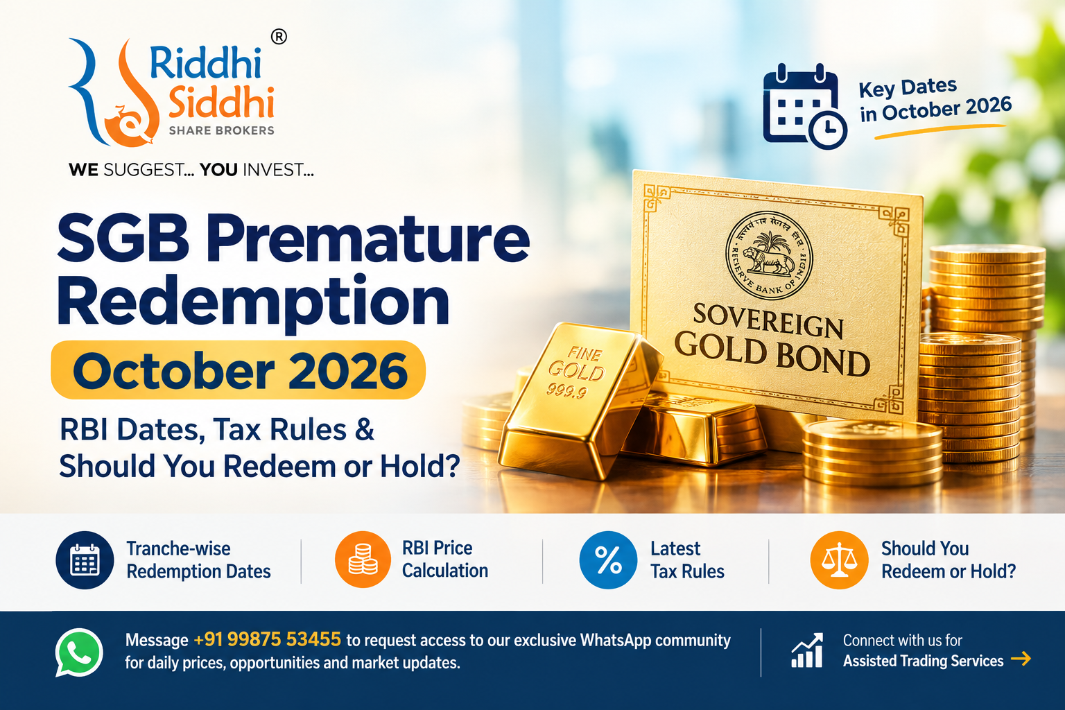 SGB premature redemption October 2026 – RBI redemption dates, price calculation and tax rules explained by Riddhi Siddhi Share Brokers